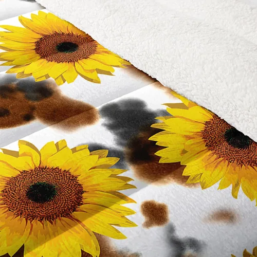 Vista 4 de Axolotl Juego de edredón sherpa de girasoles amarillos, estampado de vaca marrón, suave y acogedor, ropa de cama de parche reversible floral