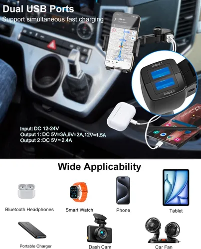 Vista 4 de Cargador de teléfono para encendedor de cigarrillos [carga rápida USB dual] Soporte de teléfono con brazo ajustable, cargador de teléfono