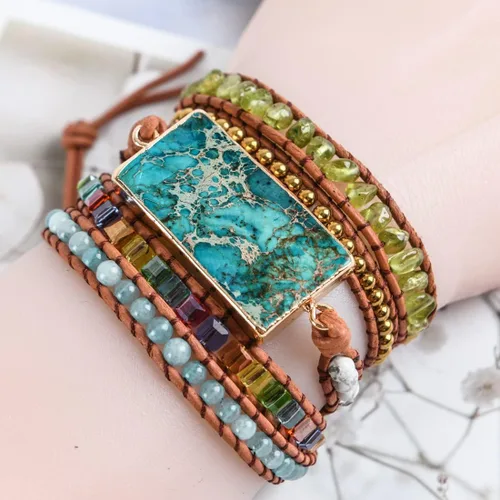 Vista 4 de YGLINE Boho Handmade Wrap Leather Tube Crystal Stone Bracelet for Women