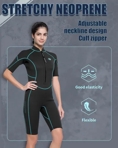 Vista 4 de Traje de neopreno corto para mujer, de 3 mm con cremallera frontal para buceo, snorkel, surf, natación
