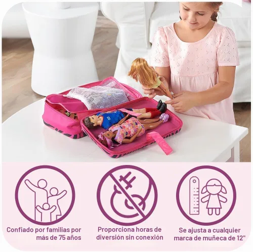 Vista 3 de Badger Basket Elegante estuche de viaje para muñecas de moda de 12 pulgadas, solución de almacenamiento con bolsillos para accesorios de muñeca, lo