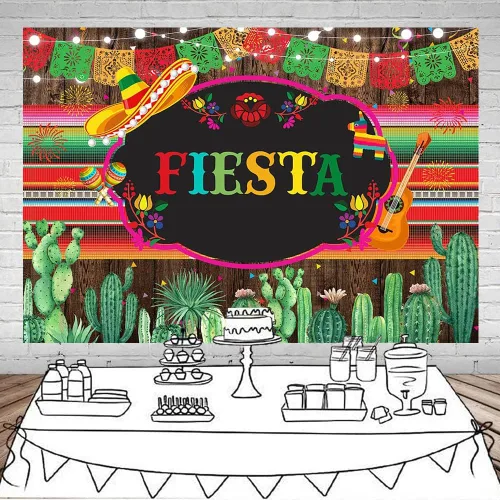 Vista 2 de Mocsicka Telón de fondo mexicano con temática de fiesta de madera rústica para decoración de fiesta de vinilo, cinco de mayo, cactus mexicano