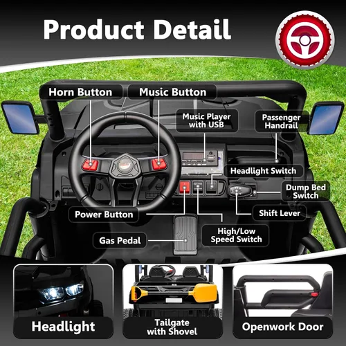 Vista 6 de Sopbost Juguetes de Montar de 2 Asientos 24V para Niños Grandes con Cama de Volteo Eléctrica Autos Eléctricos 4WD con Batería para Niños con Control
