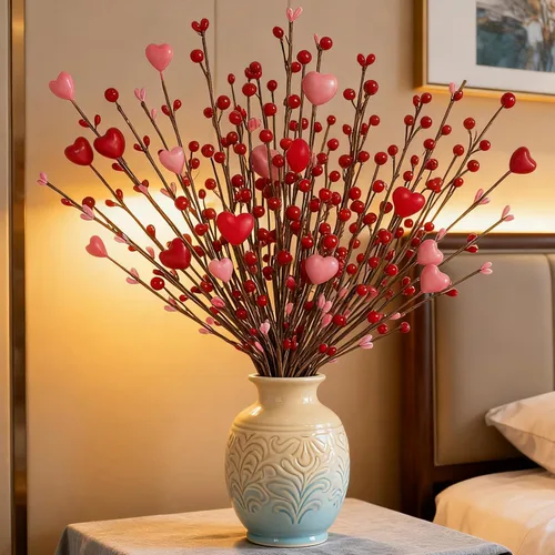 Vista 6 de 6 tallos de bayas artificiales con forma de corazón rosa y rojo para jarrón, ramas de imitación para boda, aniversario, día de San Valentín