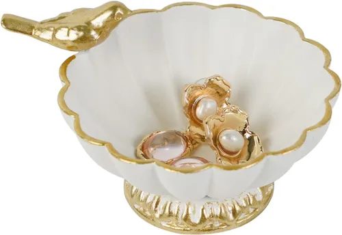 Vista 2 de NIKKY HOME Bandeja de metal blanco retro con pájaro, soporte para anillos, regalo de cumpleaños y Navidad