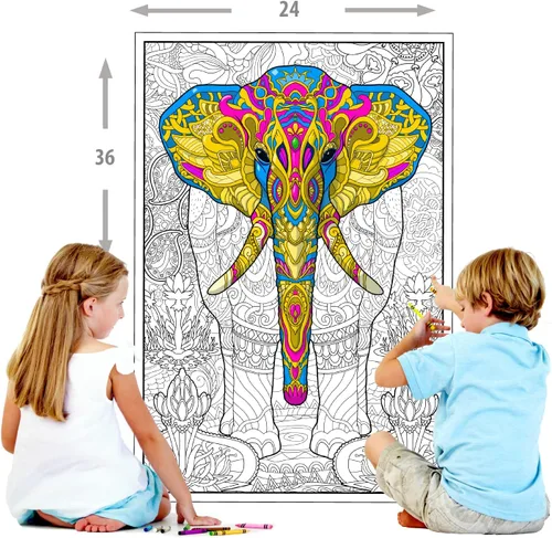 Vista 2 de Young N Refined Póster gigante para colorear con motivo de elefante con collages de flores y mandalas Versión plegada (24x36)