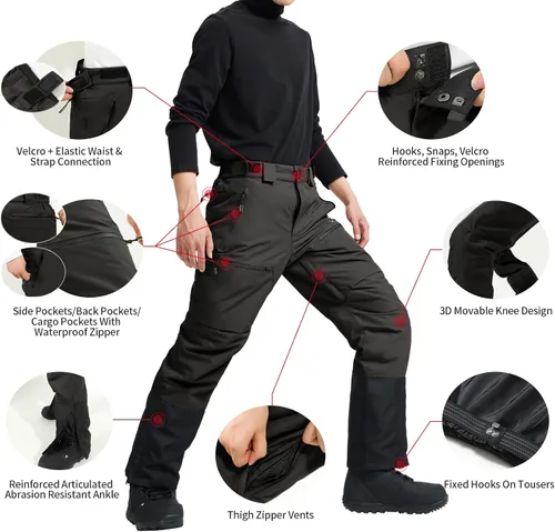 Vista 5 de Pioneer Camp Pantalones de esquí de nieve para hombre, impermeables, aislados, con forro polar, snowboard, senderismo, al aire libre, cremallera