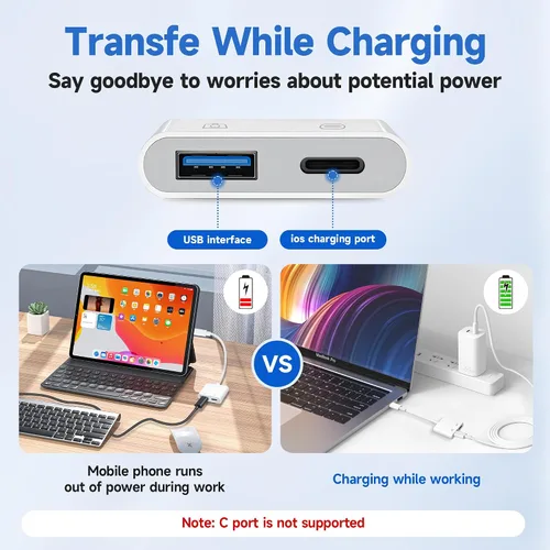 Vista 5 de [Certificado MFi de Apple] Adaptador de cámara Lightning a USB con puerto de carga, cable OTG portátil USB3.0 hembra para iPad para conectar lector