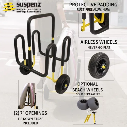 Vista 2 de Suspenz Carrito de transporte doble SUP con ruedas sin aire, transportador/carrito para 2 tablas de remo de pie y tablas de surf, amarillo (22-9934)