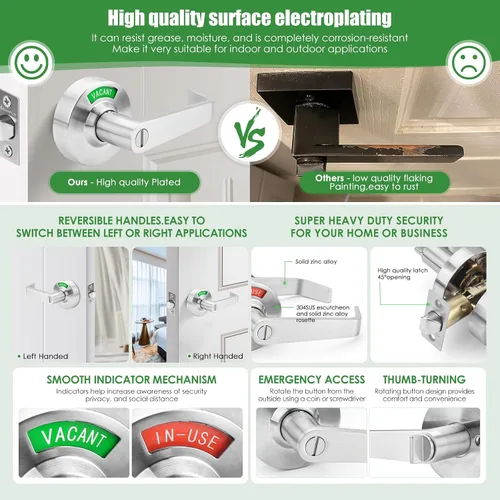 Vista 3 de Cerradura de manija de puerta sin llave de privacidad con indicador en uso o vacío para baño de hombres/mujeres, grado comercial, letrero ocupado