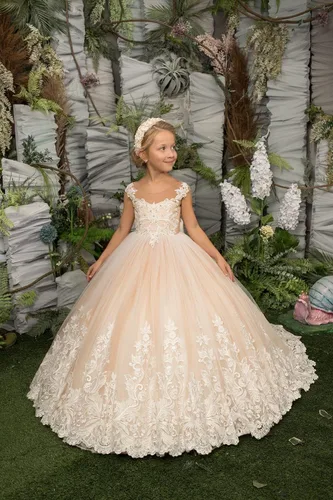 Vista 4 de Vestidos de Navidad para niña de las flores para boda, vestido de baile de encaje con cuentas de tul mini nu