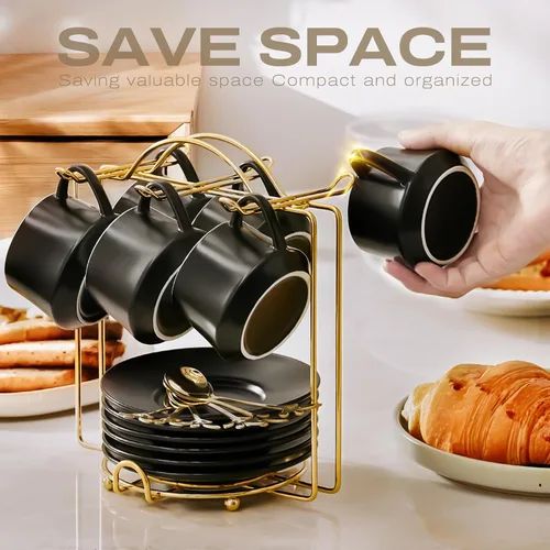 Vista 3 de Lareina Juego de 6 tazas de café de porcelana de 3 onzas, tazas de café apilables con platillos, cucharas y soporte de metal, tazas de cerámica