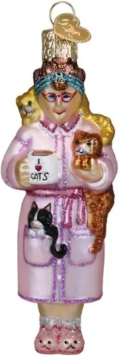 Vista 15 de Old World Christmas - Adorno de gato calico de vidrio soplado para árbol de Navidad, decoración festiva hecha a mano, colección de gatos