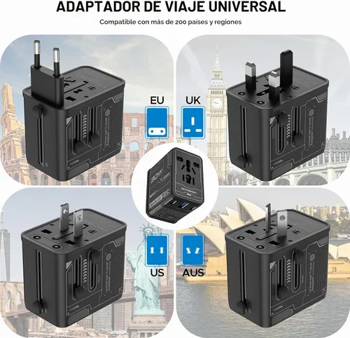 Vista 3 de Adaptador de viaje universal 30W GaN, adaptador de corriente internacional todo en uno
