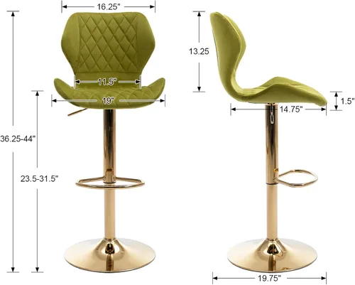 Vista 2 de Juego de 2 taburetes de bar de terciopelo ajustables verdes con patas doradas, modernas sillas de bar giratorias para isla de cocina, comedor, bar