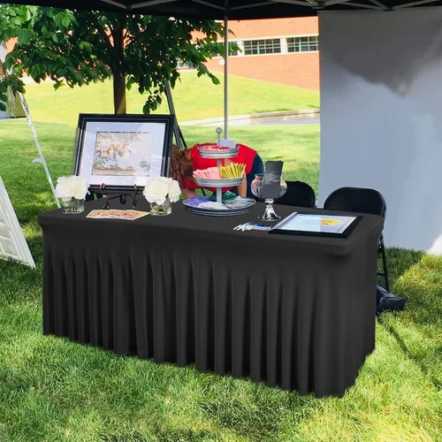 Vista 3 de Besutolife - Faldas de mesa de elastano negro para mesas rectangulares de 4 pies, diseño de una pieza, mantel para fiestas de cumpleaños, bodas