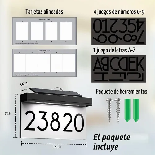 Vista 6 de Placa de dirección para casas, panel solar ajustable alimentado por energía solar, 3 colores de iluminación, números de casa, señal de dirección