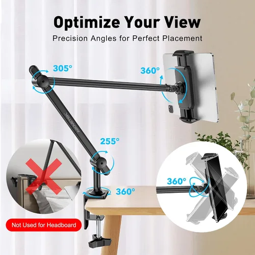 Vista 4 de AboveTEK Soporte para Tablet para Escritorio y Cama, Brazo de Aluminio para iPad con Abrazadera Giratoria de 360°, Soporte para Teléfono Ajustable