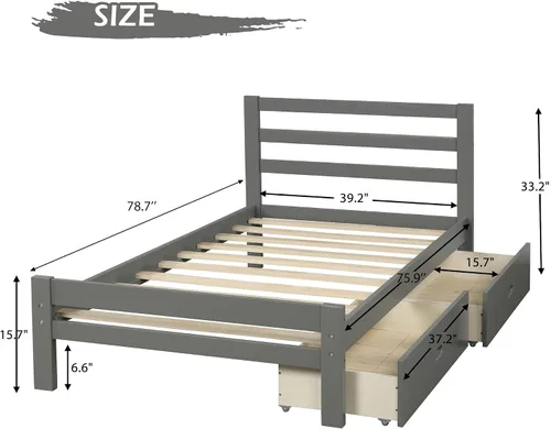 Vista 2 de Cama de plataforma de madera de tamaño individual con 2 cajones, marco de cama de plataforma moderna con cajón de almacenamiento, muebles