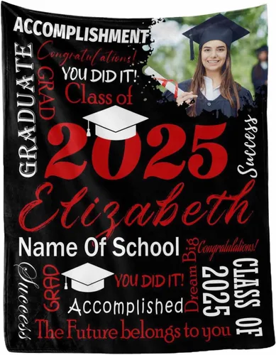 Vista 30 de MyPupSocks Manta personalizada de graduación 2025, clase de con nombre de la universidad, regalos personalizados, manta con texto para sobrina