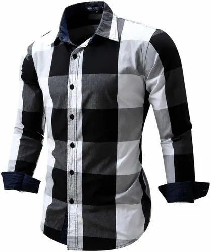 Vista 4 de Camisas Fredd Marshall para hombre, manga larga, ajustadas, 100% algodón a cuadros Negro