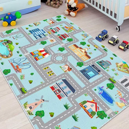 Vista 4 de Alfombra de coche para niños, 2 pies 7 pulgadas x 4 pies, alfombra de juego de tráfico urbano para autos de carreras y juguetes, divertida alfombra