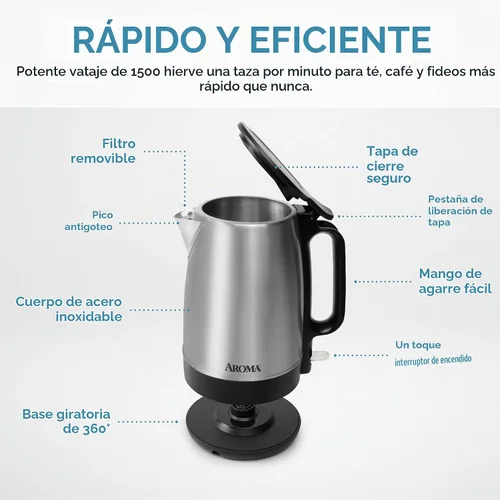 Vista 4 de AROMA® Hervidor eléctrico de 1.7 litros con ebullición rápida y apagado automático en acero inoxidable (AWK-1401SB)