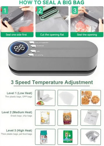 Vista 5 de Mini sellador al vacío, 3 en 1, sellador al vacío de mano inalámbrico para almacenamiento de alimentos secos/húmedos con 4 bolsas de aperitivos, Gris