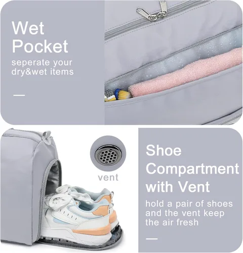 Vista 6 de Bolsa de viaje deportiva para gimnasio para hombres y mujeres con compartimento para zapatos, bolsillo húmedo, Gris (Pure Grey), Bolsa de gimnasio