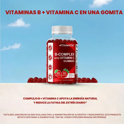 Vista 6 de Gomitas de complejo de vitamina B Vitamatic con vitamina C e inositol - Sabor natural a fresa - 60 gomitas (1 botella) Con B12, B9, B7, B6, B5