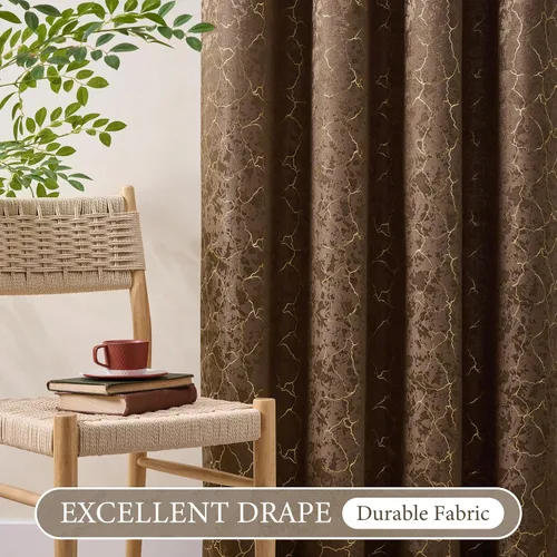 Vista 4 de Cortinas marrones y doradas de 63 pulgadas de largo, 2 paneles de cortinas geométricas para oscurecer la habitación, cortinas con ojales, estampado