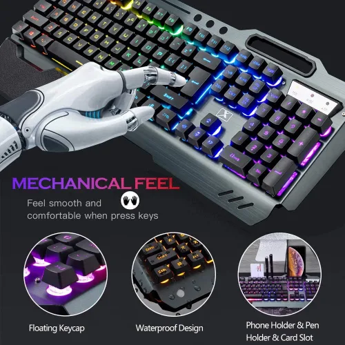 Vista 5 de Teclado y mouse inalámbricos, juego de ratón y teclado recargables de arco iris