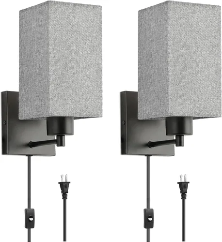 Vista 8 de KOONTING® Juego de 2 apliques de pared enchufables, lámpara de pared rústica con cable de enchufe e interruptor de palanca de encendido/apagado, Lino