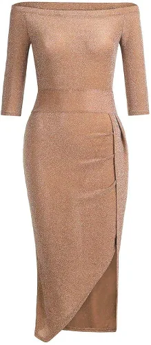 Vista 3 de Vild - Vestido de lentejuelas para mujer, vestido de graduación, manga larga, elegante, cuello en V, noche, fiesta y salida nocturna, Champán, XXL