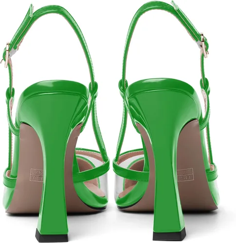 Vista 4 de Zapatos de vestir con puntera puntiaguda transparente para mujer, sandalias de charol grueso para citas, zapatos de tacón alto de aguja de 4 pulgadas