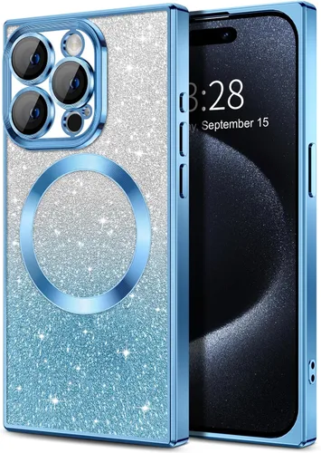 Vista 90 de Hython Funda para iPhone 13 Pro transparente con purpurina magnética [compatible con MagSafe] Protector completo de lente de cámara delgado