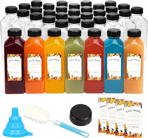 Vista 9 de Moretoes 36 botellas de jugo de 4 onzas, botellas pequeñas de plástico con tapas, recipientes transparentes reutilizables con tapas para jugos