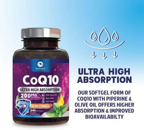 Vista 6 de Cápsulas blandas CoQ10 – Coenzima de ultra alta absorción Q10 200 mg por porción – Suplemento Co Q 10 Softgel con pimienta negra, energía y apoyo