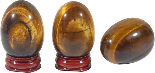 Vista 3 de Fekuar Figura de huevo de piedra, cristal curativo pulido, escultura de esfera de huevos de Pascua con soporte de madera, piedra de ojo de tigre