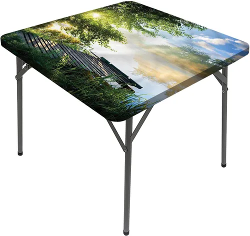 Vista 11 de Mantel cuadrado para mesa de paisaje, majestuosa escena matutina brumosa Triglav National Elástico, se adapta a mesas de 24 x 24 pulgadas