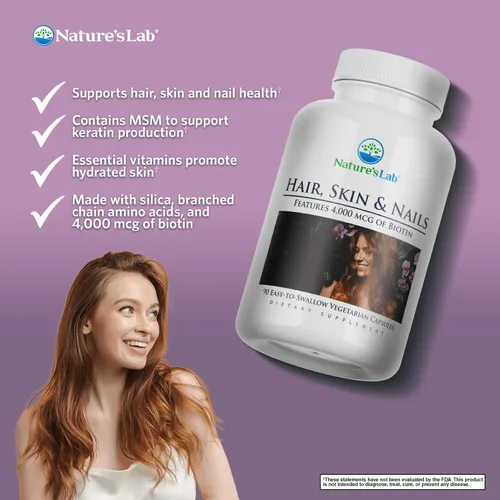 Vista 2 de Nature's Lab Cabello piel y uñas - Biotina, BCAA, MSM, complejo vitamínico - 90 unidades (suministro para 90 días)
