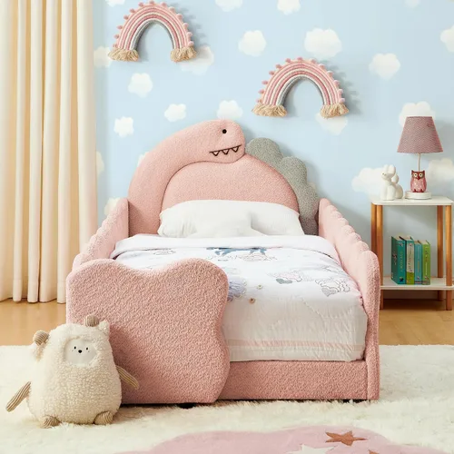 Vista 10 de Cama infantil con forma de dinosaurio de tamaño individual con barandilla de seguridad, marco de cama de piso de madera maciza para niños