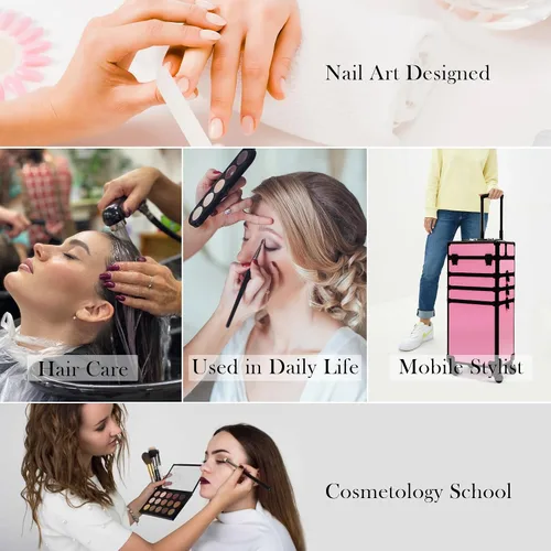 Vista 7 de Estuche de tren de maquillaje rodante de partículas para cosméticos, organizador de almacenamiento grande con ruedas giratorias, estuche