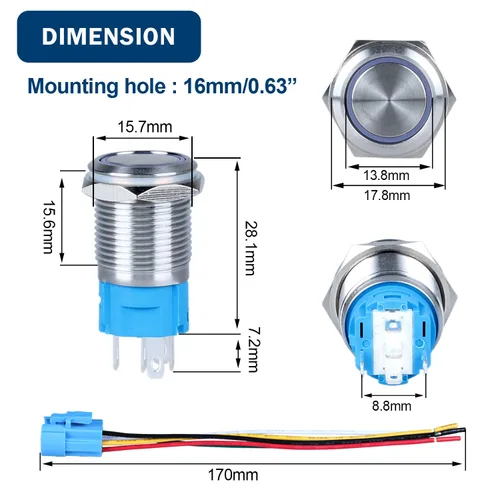Vista 4 de 2 piezas de interruptor de botón momentáneo de metal de 0.630 in (ON) -Off 12V 24V DC Halo Ring LED iluminado impermeable anti-vandalismo carcasa