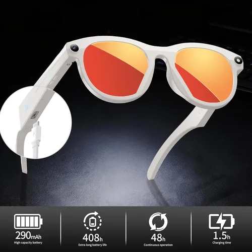 Vista 7 de Lentes inteligentes con cámara, lentes de sol Bluetooth AI, traducción, control de voz, reproducción de música para viajes, conferencias y vlogging