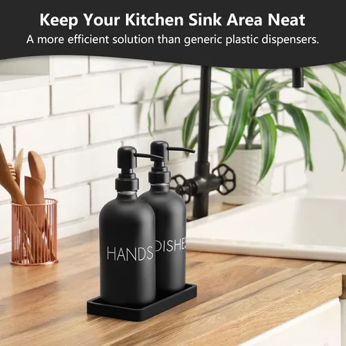 Vista 4 de Juego de dispensador de jabón negro para platos y manos, dispensador de jabón de cocina de vidrio con bandeja y bomba de acero inoxidable