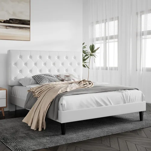 Vista 3 de SHA CERLIN Base de cama tamaño completo con cabecera capitoné con botones, base de colchón tapizada en cuero sintético, base de cama de plataforma