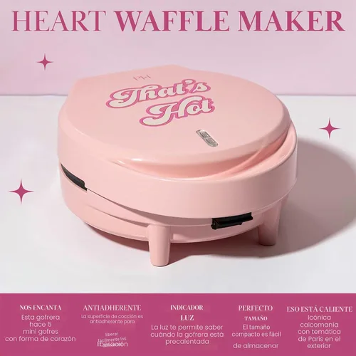 Vista 3 de Paris Hilton Máquina para hacer waffles de corazón, hace 5 mini waffles en forma de corazón o 1 waffle individual, placas antiadherentes fáciles