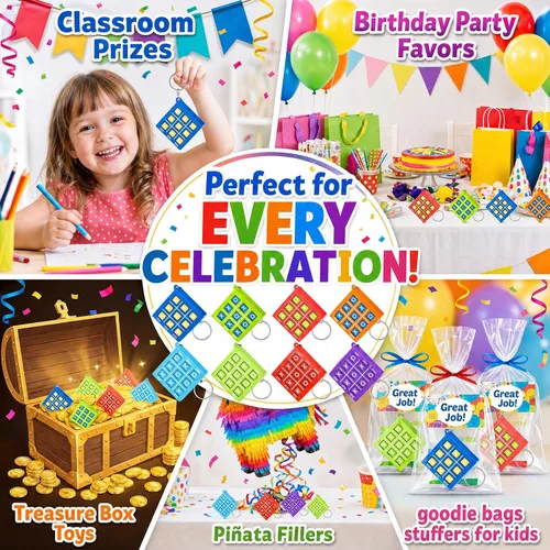 Vista 6 de Hicarer 8 llaveros de fiesta de Tic Tac Toe para fiesta de cumpleaños a granel, regalos de fin de año para estudiantes, niños de 8 a 12 años, regalo