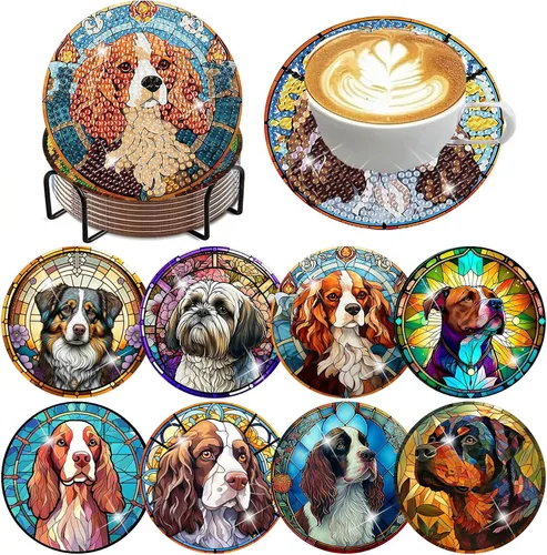 Vista 27 de ijbnhd 8 posavasos de pintura de diamantes de animales, posavasos de arte de diamantes con soporte para principiantes y adultos, suministros